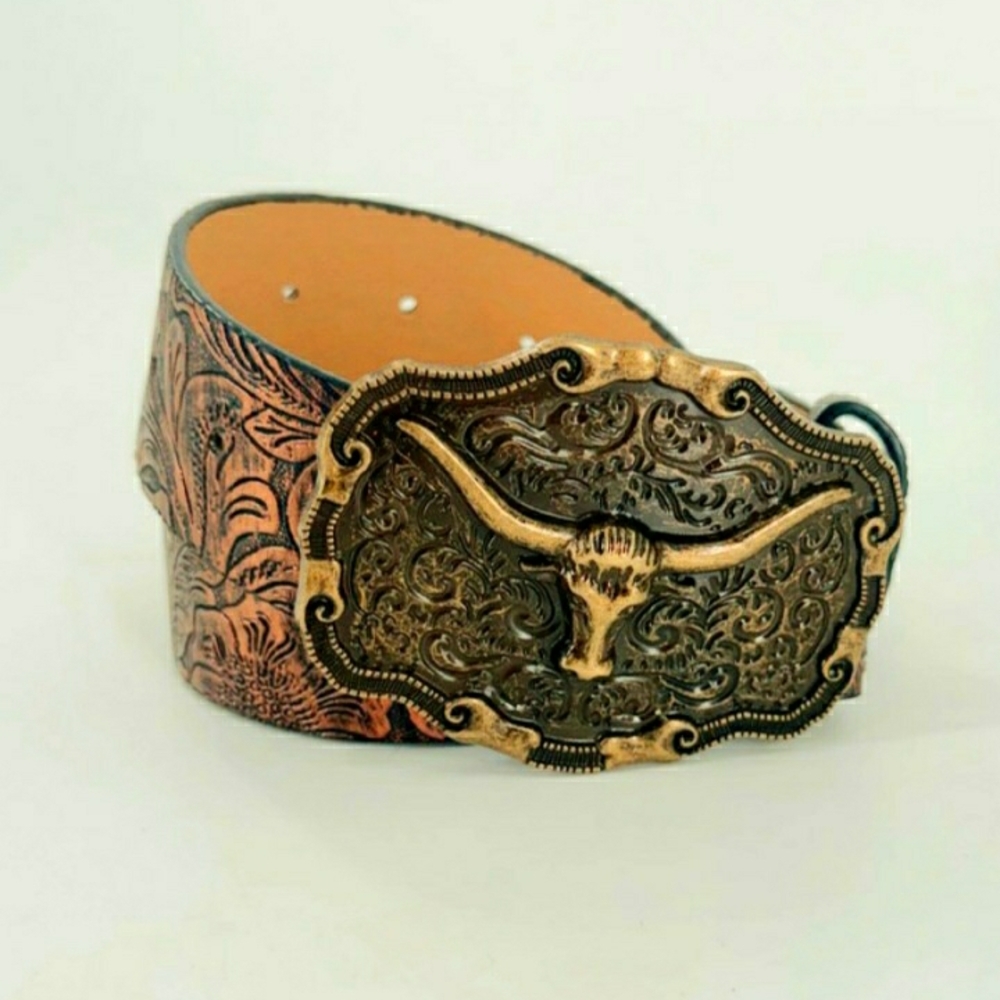 Western Floral Embossed Belt with Bullhead Buckle Faux Leather Size 37" NWOT
